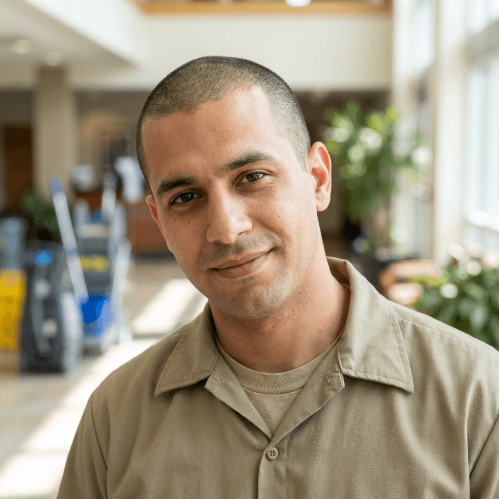 Marko Lesjak in a work shirt in an industrial office