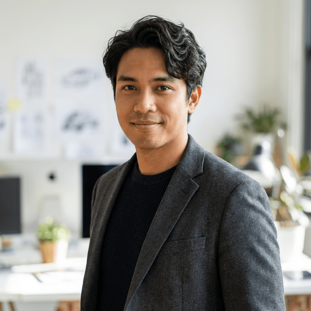 Marko Novak in a casual shirt in a bright workspace