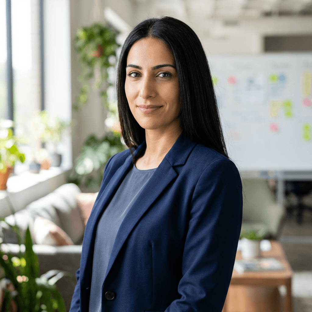 Ana Novak in a blazer in a modern office