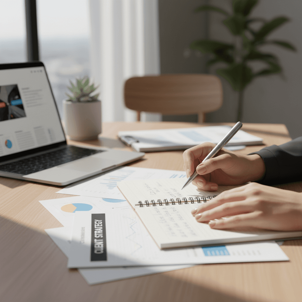 HR consultant reviewing employment documents at a clean office desk