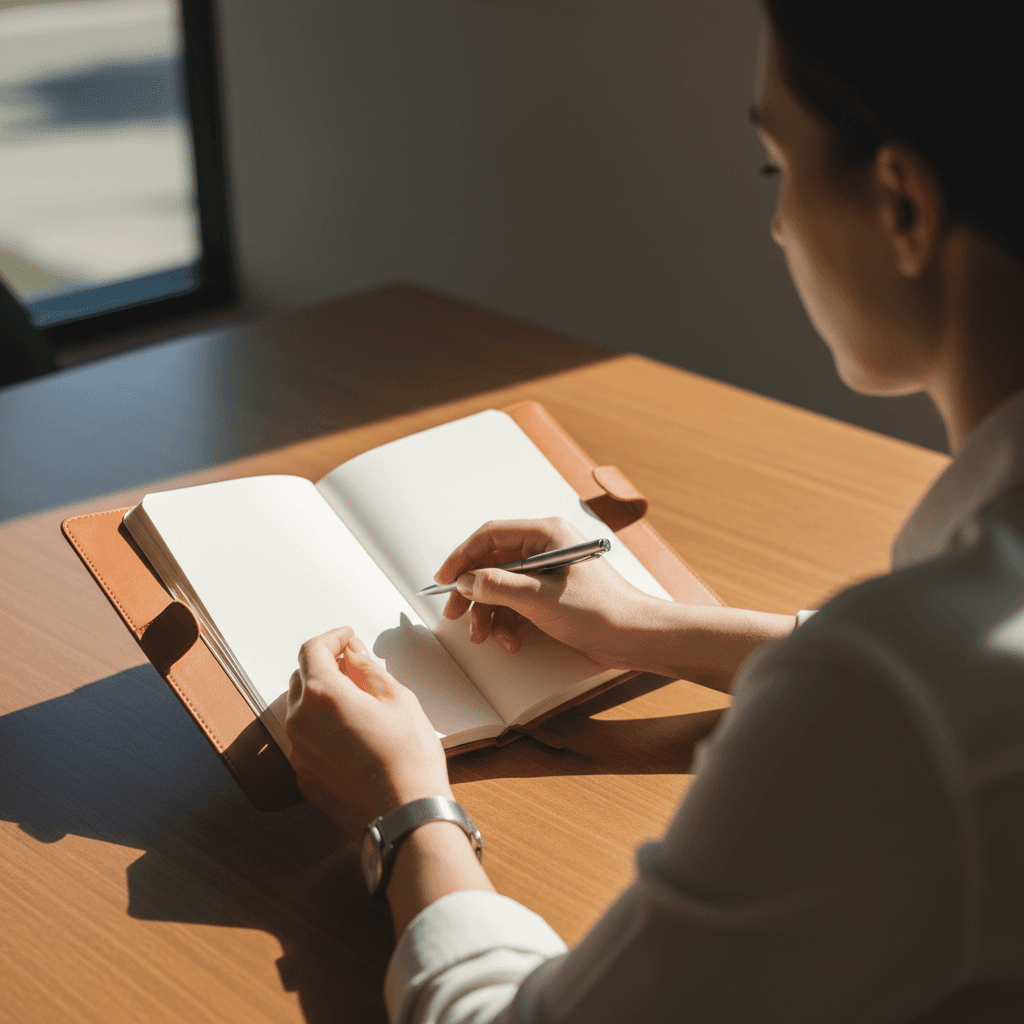 Consultant noting client requirements during a meeting