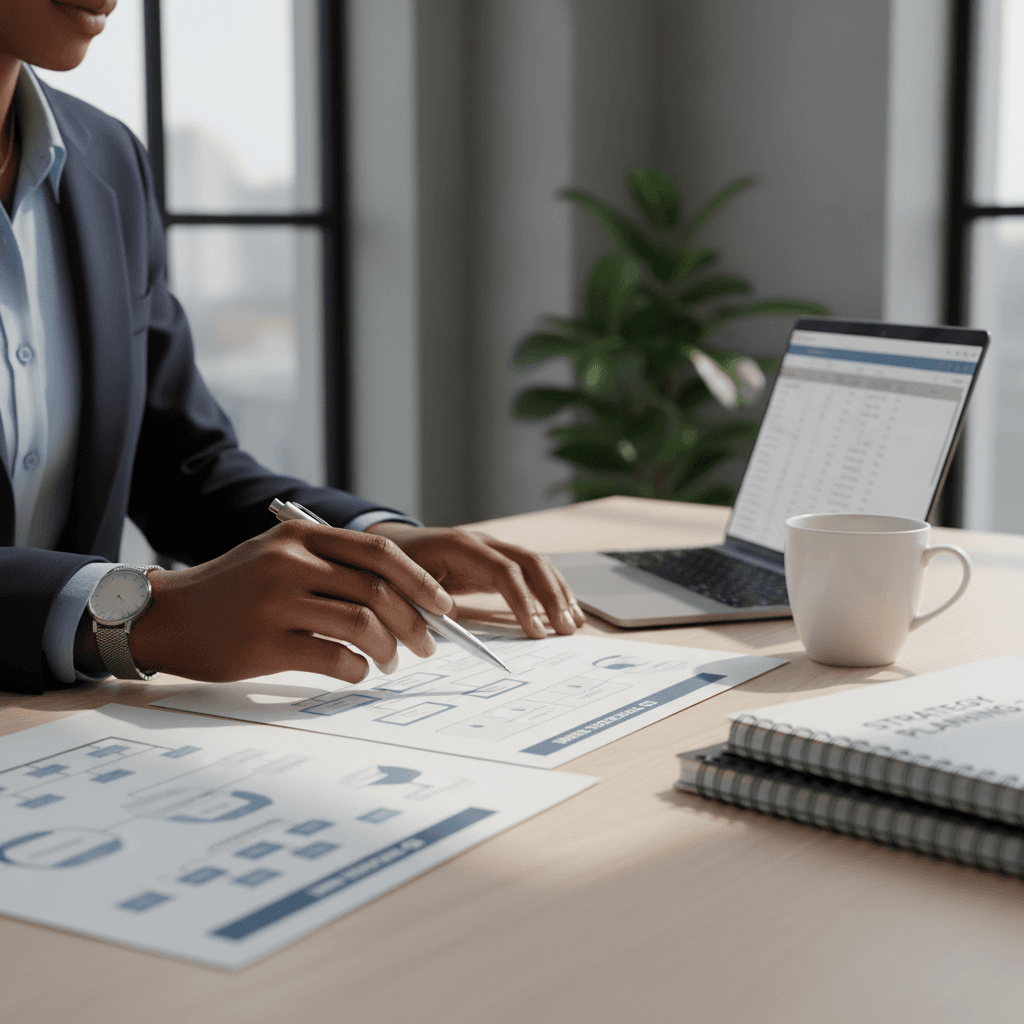 HR consultant reviewing documents at her desk