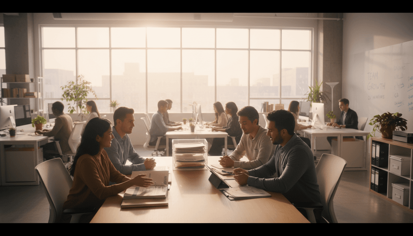 HR consultant at a desk with a client going over paperwork in a bright office